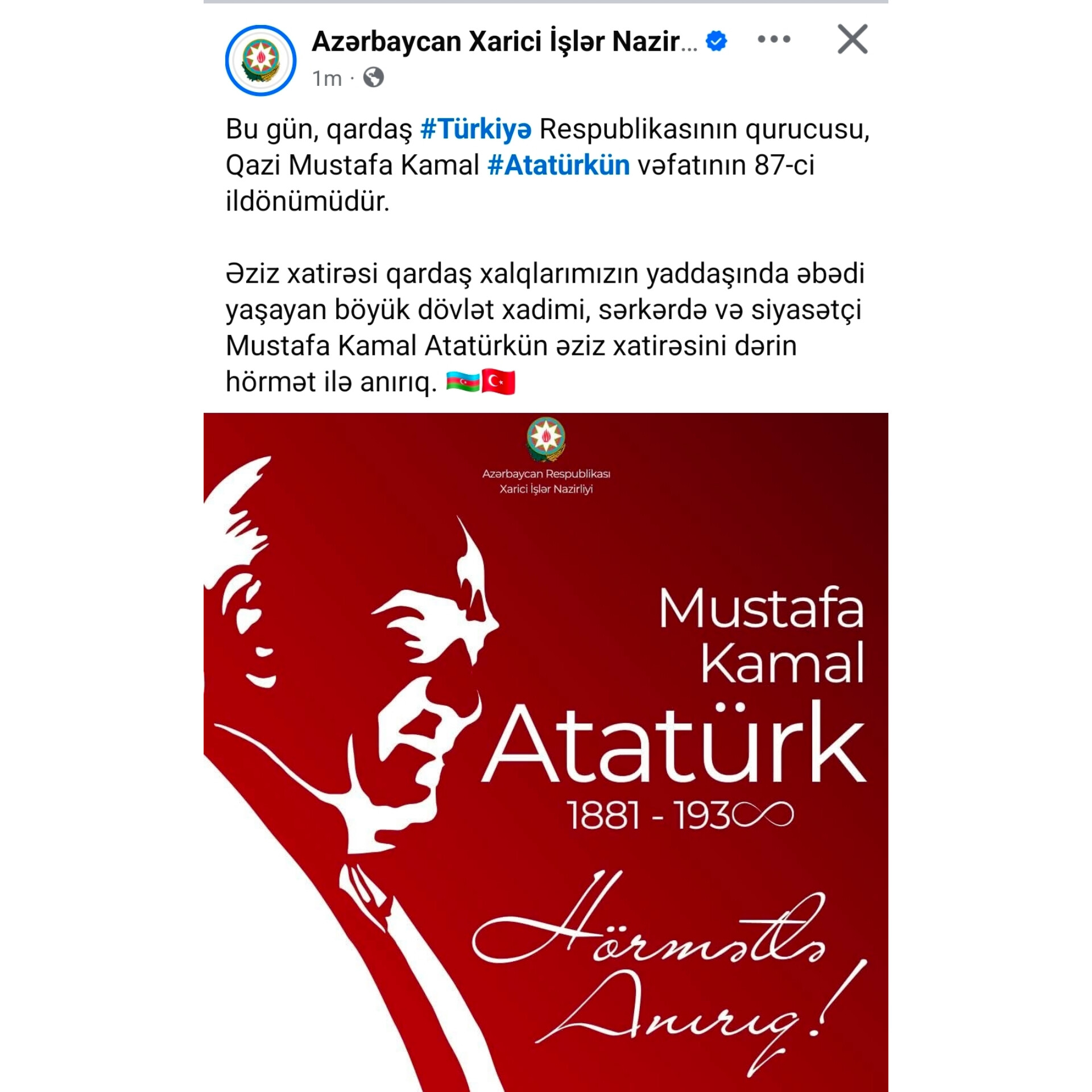 XİN: Mustafa Kamal Atatürkün əziz xatirəsini dərin hörmət ilə anırıq